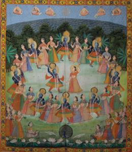 Depicting the Raas lila (festive dance), with repeated figures of Krishna dancing in a cir