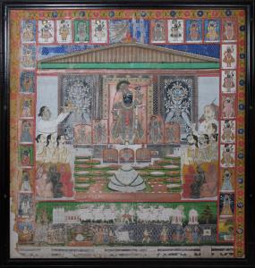 Depicting Sri Nathji enshrined, surrounded by the seven swarups, flanked by figures of of 