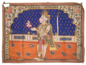 The monkey god deputed standing under a floral cusped arch holding a lotus, a terrace with
