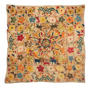 Depicting Krishna dancing with the gopis amongst a profusion of animals and floral forms<b