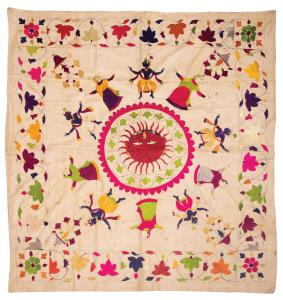 Depicting Krishna dancing with the gopis a roundel containing the face of the sun, surroun