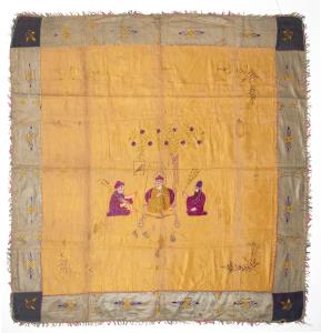 Of square form depicting Guru Nanak seated on a raised European style seat under a tree wi