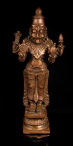The lion-headed avatar of Vishnu standing on a platform raised by a lotus, wearing padukas