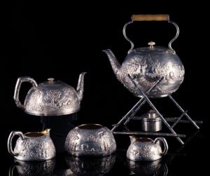 Comprising kettle with stand and spirit burner, teapot, sugar bowl, milk jug and hot water