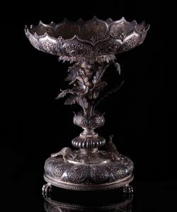 The wide lotiform bowl with central scene depicting a port with steam train, a temple and 
