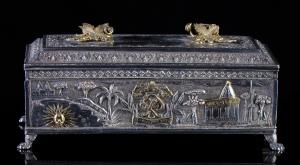Of rectangular form, on four claw feet, with hinged lid, the sides decorated with royal cr