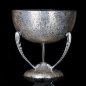 The hemispherical bowl standing on bowed tripod legs resting on domed foot, hallmarked and