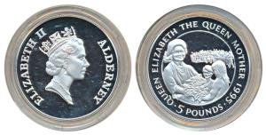 Alderney, Elizabeth II, Silver 5 Pounds, 28.2g, 1995, 95th Anniversary of the Birth of the