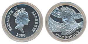 Alderney, Elizabeth II, Silver 5 Pounds, 28.2g, 2000, 100th Anniversary of the Birth of th