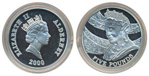 Alderney, Silver 5 Pounds, 28.2g, 2000, 100th Anniversary of the Birth of the Queen Mother