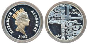 Alderney, Elizabeth II, Silver 5 Pounds, 28.2g, 2002, 50th Anniversary of the Accession of