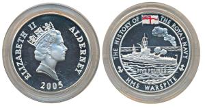 Alderney, Elizabeth II, Silver 5 Pounds, 28.2g, 2005, H.M.S. Warspite, The History of the 