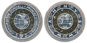 Andorra, Silver 5 Diners, 27g, 1999, Christian Turn of Millennium, obv. World globe amid s