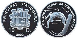 Andorra, Silver 10 Diners, 2002, XIX Winter Olympic Games 2002 Salt Lake City, obv. Coat o