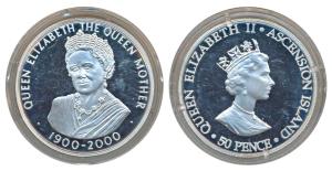 Ascension Island, Elizabeth II, Silver 50 Pence, 28.2g, 2000, 100th Anniversary of the Que