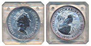 Australia, Elizabeth II, Silver 5 Dollars, 31.1g, 1 oz, 1990, rev. Kookaburra bird (KM 189