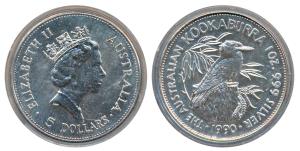 Australia, Elizabeth II, Silver 5 Dollars, 31.1g, 1 oz, 1990, rev. Kookaburra bird (KM 189