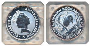 Australia, Elizabeth II, Silver 5 Dollar, 31.1g, 1 oz, 1991, rev. Kookaburra bird (KM 1988