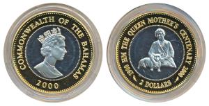 Bahamas, Elizabeth II, Silver 2 Dollars, 28.2g, 2000, Queen Mother, obv. Crowned bust of E