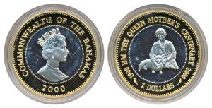 Bahamas, Elizabeth II, Silver 2 Dollars, 28.2g, 2000, Queen Mother, obv. Crowned bust of E