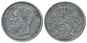 Belgium, Leopold II, Silver 5 Francs, 1876, obv. Head of King Leopold II facing left, lege