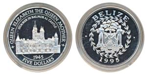 Belize, Silver 5 Dollars, 28.5g, 1995, Summer residence of the Queen Mother, Balmoral Cast
