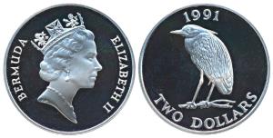Bermuda, Elizabeth II, Silver 2 Dollars, 28.28g, 1991, Fauna and Flora Series, Yellow-crow