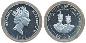 Bermuda, Elizabeth II, Silver 1 Dollar, 28.2g, 1996 The Coronation of George VI, obv. Bust