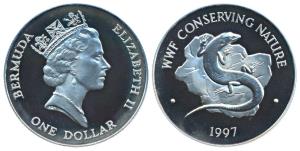 Bermuda, Elizabeth II, Silver 1 Dollar, 28.28g, 1997, WWF Conserving Nature, obv. Bust of 