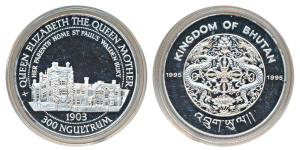 Bhutan, Silver 300 Ngultrums, 31.7g, 1995, The Queen Mother home at Welden Bury, obv. Nati