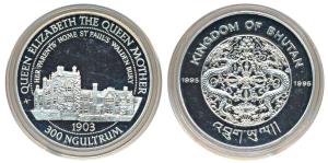 Bhutan, Silver 300 Ngultrums, 31.7g, 1995, The Queen Mother home at Welden Bury, obv. Nati