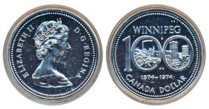 Canada, Elizabeth II, Silver Dollars, 23.3g, 1974, 100th Anniversary of Winnipeg. Proof, i
