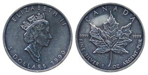 Canada, Elizabeth II, Silver 5 Dollars, 31.1g, 1990, Maple Leaf. Proof, in plastic case of