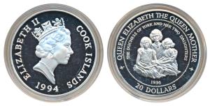 Cook Island, Silver 20 Dollars, 31.4g, 1994, The Queen Mother, obv. Bust of Queen Elizabet