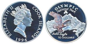 Cook Islands, Silver 5 Dollars, 1996, Olympic National Park, Bald Eagle. Proof.