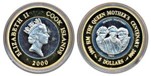 Cook Islands, Elizabeth II, Silver 5 Dollars, 28.1g, 2000, Queen Mother’s 100th Birthday, 
