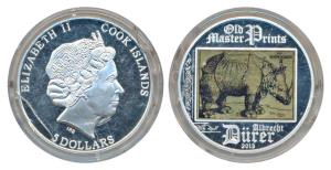 Cook Islands, Elizabeth II, Silver 5 Dollars, 20g, 2013, Rhinoceros. Proof, in plastic cas