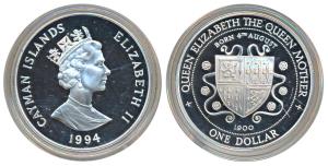 Cayman Islands, Elizabeth II, Silver 1 Dollar, 28.28g, 1994, 94th Anniversary of the Birth