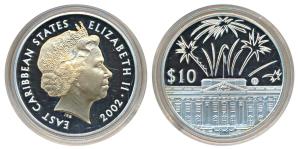 East Caribbean States, Elizabeth II, Silver 10 Dollars, 28.2g, 2002, 50th Anniversary of t