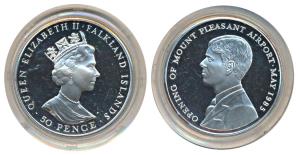 Falkland, Elizabeth II, Silver 50 Pence, 28.2g, 1985, Opening of Mount Pleasant Airport, o