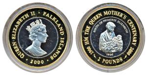 Falkland Islands, Elizabeth II, Silver Gold plated outer ring, 2 Pounds, 28.4g, 2000, 100t