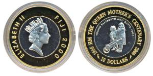Fiji, Elizabeth II, Silver 10 Dollars, 28.1g, Gold plated outer ring, 2000, 100th Annivers
