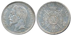 France, Napoleon III, Silver 5 Francs, 25g, 1869, obv. laureate head of Napoleon III facin