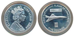 Gibraltar, Silver 5 Pounds, 28.2g, 2006, First Supersonic Flight of Concorde, Concorde Mil