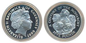 Guernsey, Elizabeth II, Silver 5 Pounds, 28.2g, 2000, Century of the Monarchy, obv. Bust o