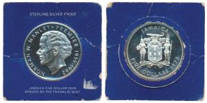 Jamaica, Norman W. Manley, Silver 5 Dollars, 43.05g, 1973, (KM 59). Uncirculated.