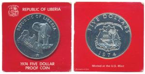 Liberia, Silver 5 Dollars, 34.1g, 1974, rev. Elephant on map of Liberia (KM 29). Proof.