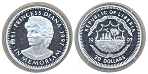 Liberia, Silver 20 Dollars, 31.4g, 1997, Princess Diana, obv. National crest, value and da