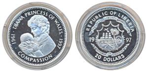 Liberia, Silver 20 Dollars, 31.1g, 1997, Princess Diana- Compassion, obv. Coat of arms of 