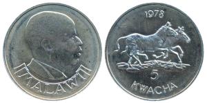 Malawi, Silver 5 Kwacha, 28.28g, 1978, Conservation, obv. Head right; rev. Zebras running 